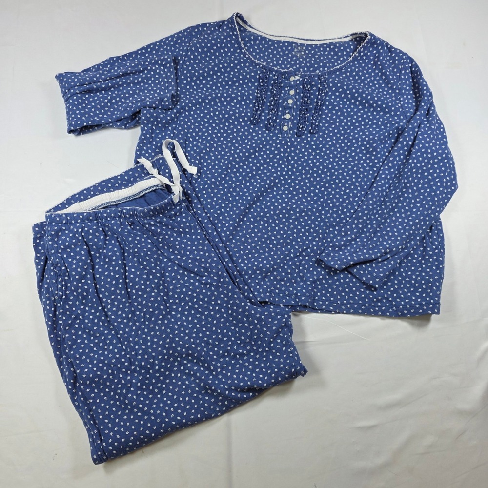 Chaps Blue Floral Ditsy Pajama Set 2X Henley Ruffle Trim 100% Cotton 2 Piece